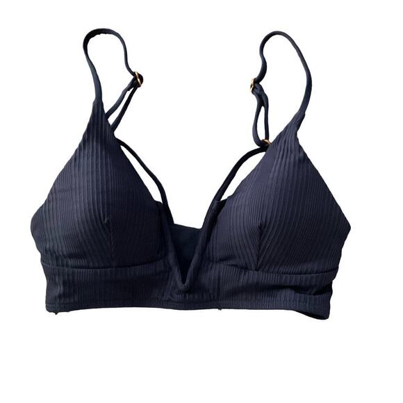 L*Space Anthropologie Blue Grey Siren Ribbed V-Neck Pintelle Bikini Top - Picture 2 of 5